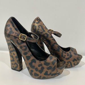 Daytrip metallic leopard print platform peep toe pinup heels
